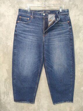 American Eagle Jeans Womens 12 Short Blue Denim Stretch Barrel Leg High Rise